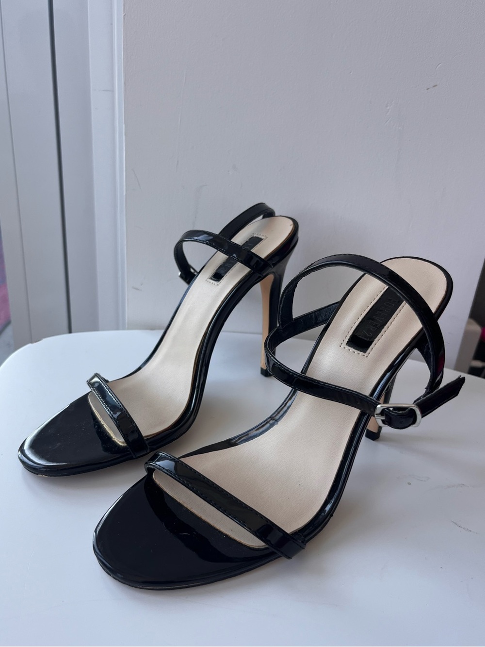 Forever 21 Black Patent Open-Toe Strappy Heels